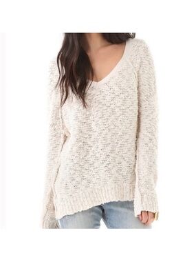 Free People Songbird Textural Bouclé V-neck Sweater Cream Minimal Pullover Cozy